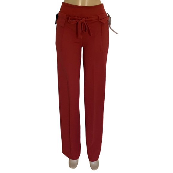 NWT BBJ Los Angeles Wide Leg High Rise Long Tie Belt Pocket Stretch Red Pants - Picture 9 of 9